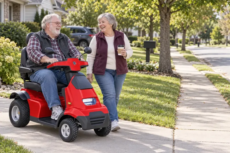 Illustration of a man riding a red four wheel mobility scooter along a sidewalk while his wife walks beside him