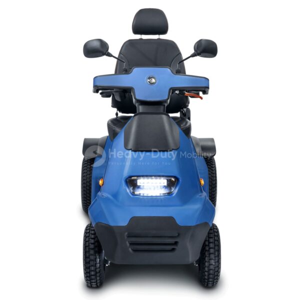 Front View of Blue Afiscooter S4 Mobility Scooter with Golf Tire