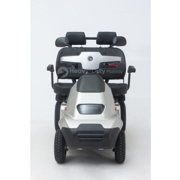 Front View of Silver Afiscooter S4 Dual Seat Mobility Scooter with Golf Tire