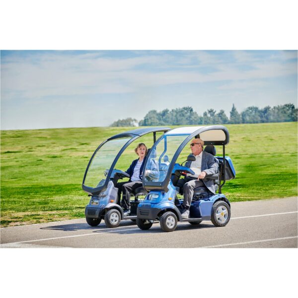 Live Style Image Side View of Silver Afiscooter C4 with Canopy Mobility Scooter, Blue Afiscooter S4 with Canopy Mobility Scooter