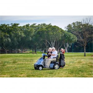 Live Style Image Side View of Blue S4 Afiscooter Dual Seat Mobility Scooter with Golf Bag Holder