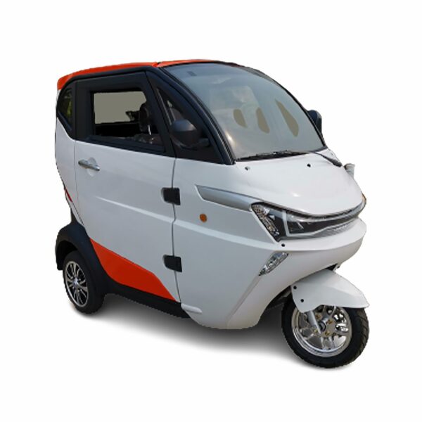 White Pushpak 8000 Enclosed Cabin Three-Passenger Recreational Mobility Scooter