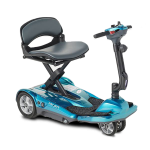 Compact electric mobility scooter with seat and handlebars.
