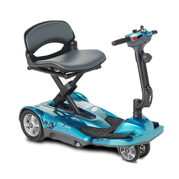 Compact electric mobility scooter with seat and handlebars.