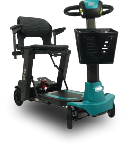 A compact, black and teal mobility scooter with a comfortable seat, armrests, and a front basket. The scooter has a padded backrest and a control handlebar. Its design is ideal for providing mobility assistance conveniently and safely.