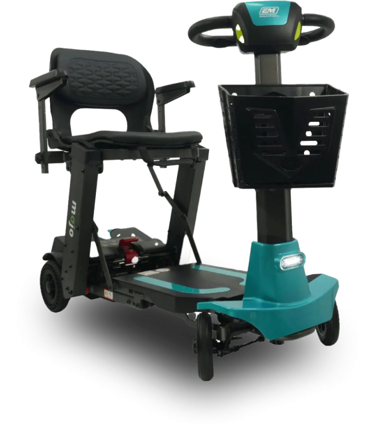 A compact, black and teal mobility scooter with a comfortable seat, armrests, and a front basket. The scooter has a padded backrest and a control handlebar. Its design is ideal for providing mobility assistance conveniently and safely.