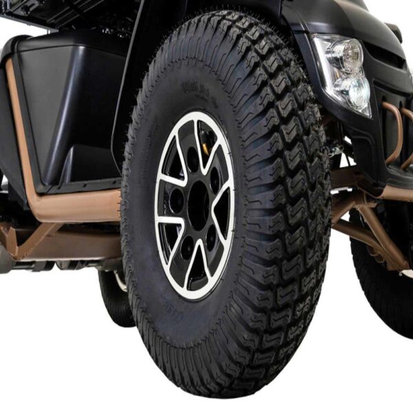 Close-up photo of the Baja Wrangler 2's durable front tire designed for improved traction and stability on various surfaces