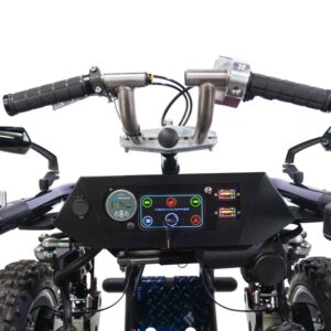 Close-up view of TerrainHopper Overlander 4ZS front, featuring the control panel/tiller and handlebar steering for comfortable and responsive off-road driving.