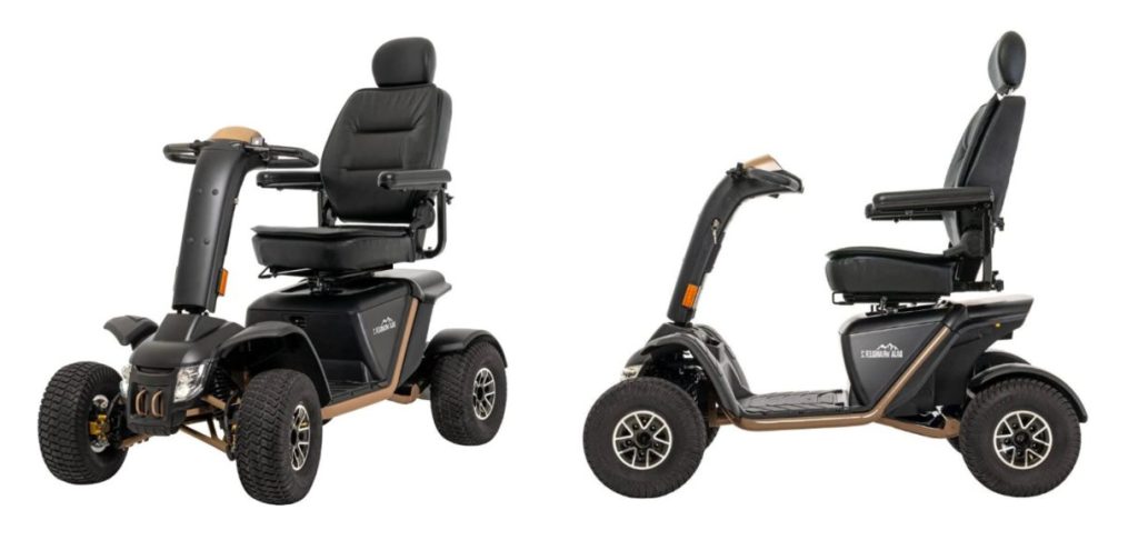 Front and side views of Baja Wrangler 2 all-terrain mobility scooter