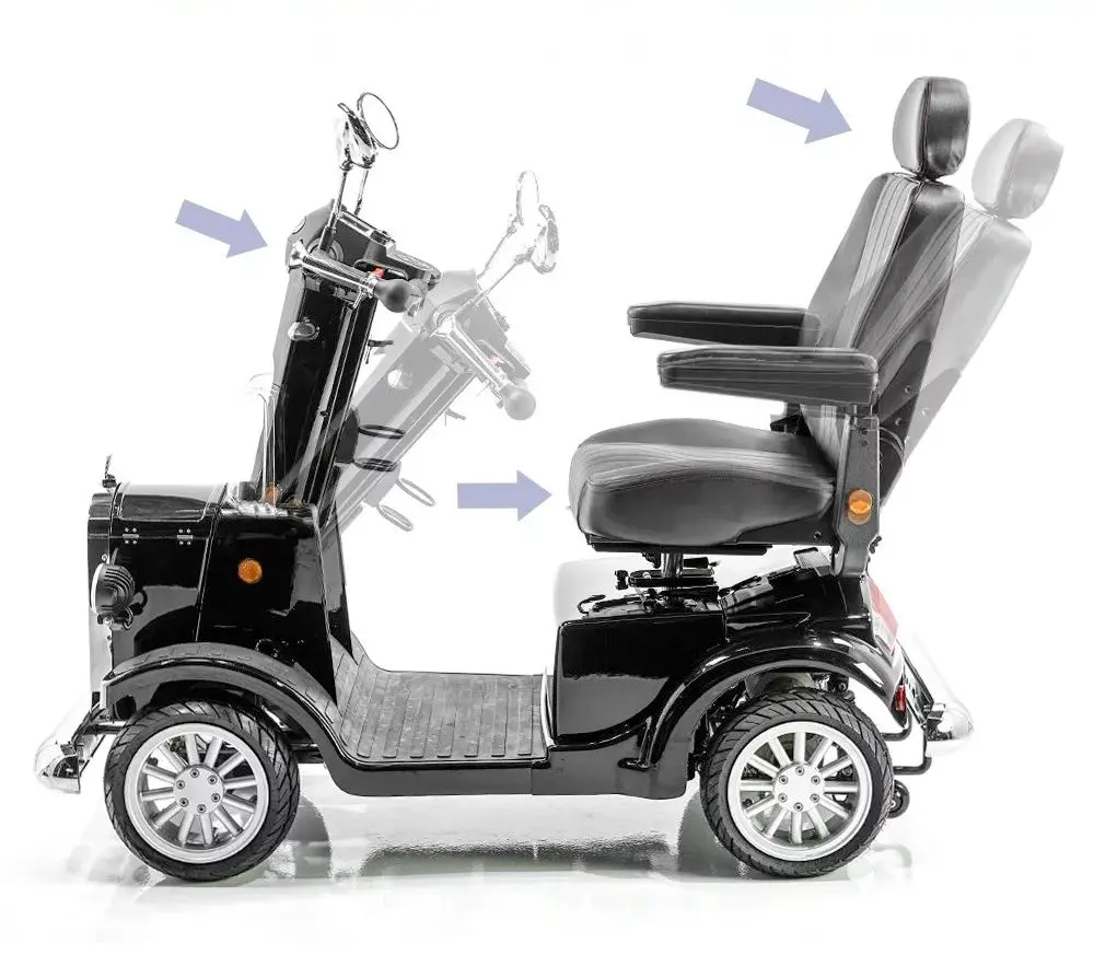 A semi-reclining seat with adjustable headrest, flip up armrests and unique swiveling feature on the Gatsby Mobility Scooter