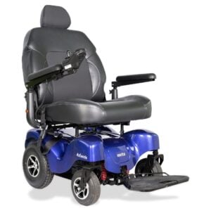 Front side view of the Merits Atlantis wheelchair in vibrant blue color, highlighting its design and features."