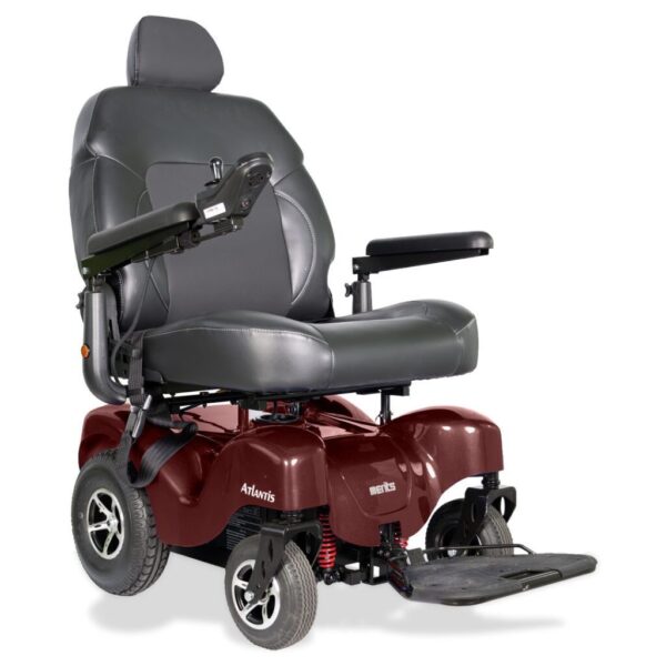 Front side view of the Merits Atlantis wheelchair in bold red color, highlighting its design and features.