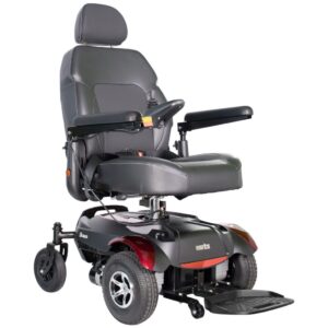 Front side view of the Merits Dualer wheelchair, highlighting its innovative dual-functionality design, comfortable seating, and user-friendly controls for versatile mobility and enhanced user experience.