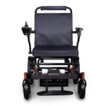 Front view of the EWheels EW-M45 wheelchair in a striking black and orange combination, showcasing its contemporary design and bold color contrast
