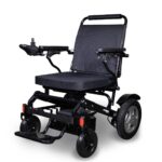 Front side view of the EWheels EW-M45 wheelchair in sleek black color, highlighting its modern design and features