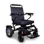 Front side view of the EWheels EW-M45 wheelchair in sleek black color, highlighting its modern design and features