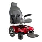 Front side view of the Merits Gemini wheelchair in bright red, showcasing its design
