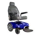 Front side view of the Merits Gemini wheelchair in striking blue, showcasing its design