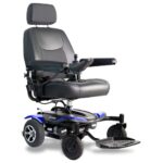 Front side view of the Merits Junior wheelchair in vibrant blue color, highlighting its compact design, user-friendly features, and innovative technology for enhanced mobility and comfort.