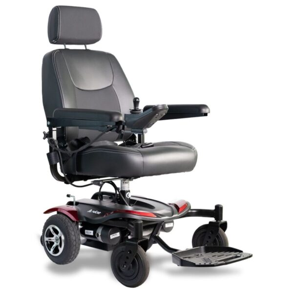 Front side view of the Merits Junior wheelchair in vibrant red color, highlighting its compact design, user-friendly features, and innovative technology for enhanced mobility and comfort.