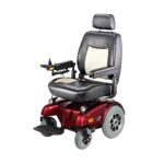 Front side view of the Merits Gemini 2 wheelchair, highlighting the sleek design, comfortable seating, and accessible controls
