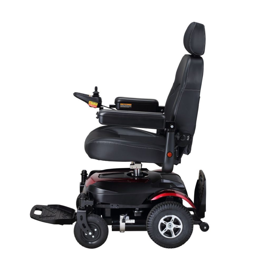 Side view of the Merits Dualer wheelchair, showcasing its streamlined design, comfortable seating, and durable wheels, designed for easy navigation and user convenience