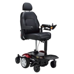 Front side view of the Merits Vision Sport wheelchair with its seat elevated, showcasing its height-adjustment feature and sleek design