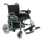 Front side view of the Merits Travel Ease P181 wheelchair, highlighting its streamlined design, easy mobility, and comfort-focused features