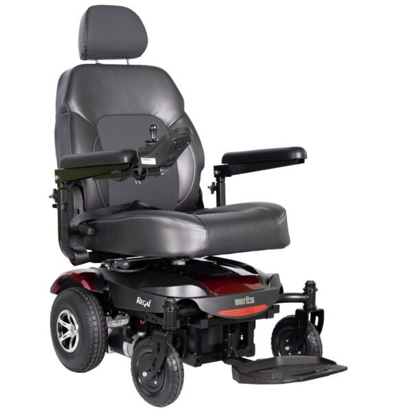 Front side view of the Merits Regal wheelchair, displaying its streamlined design, comfortable seat, and sturdy wheels, designed for smooth mobility and user comfort