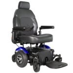 Front side view of the Merits Vision Super wheelchair in striking blue color, highlighting its sleek design, comfort features, and innovative functionalit