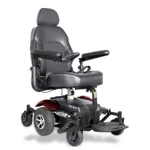 Merits Vision Sport wheelchair in red, front side view, showing its sleek design and comfortable seat