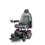 Front side view of the Merits Vision Super wheelchair in striking red color, highlighting its vibrant hue, sleek design, comfort features, and innovative functionality