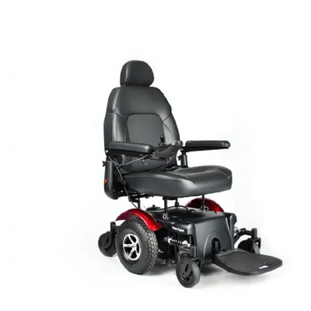 Front side view of the Merits Vision Super wheelchair in vibrant red color, highlighting its sleek and modern design, comfortable seating, and innovative features for enhanced mobility