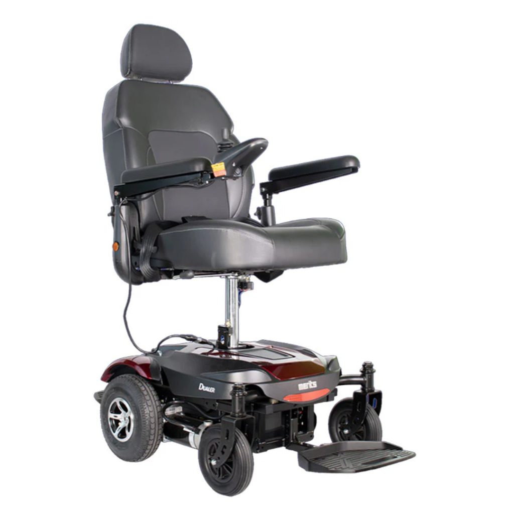 Merits Dualer P312 power chair with red base and power elevating seat