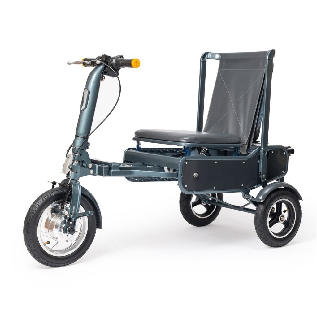 A sleek, foldable mobility scooter designed for easy transport and maneuverability.