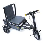 A quarter side view of the eFOLDi Explorer Foldable Ultra Lightweight Mobility Scooter. This perspective showcases the scooter's ergonomic handle design, emphasizing ease of maneuverability and control.