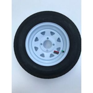 12" radial tire mounted on a gray painted steel wheel with five circular cut-outs, complete with a valve stem and cap
