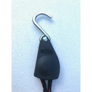 The Scoota Trailer Rope Ratchet, consisting of a woven black cord with red detailing and metal hooks, paired with a ratcheting tension mechanism