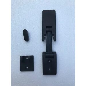 Black paddle-style rubber hood latch for a Scoota Trailer. It consists of several components, including a handle, a latch mechanism, and mounting plates