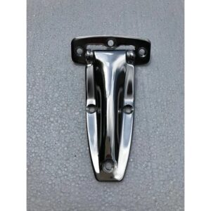 A shiny chrome flush hinge, part of a Scoota Trailer, with a sleek design and pre-drilled mounting holes
