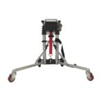 Bottom view of the Enhance Mobility Hercules portable lift, focusing on its sturdy tripod base with caster wheels for mobility and red safety straps for secure lifting