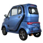 Three-quarter rear view of a blue Green Transporter Q Express electric mobility vehicle featuring a sleek design and black detailing.