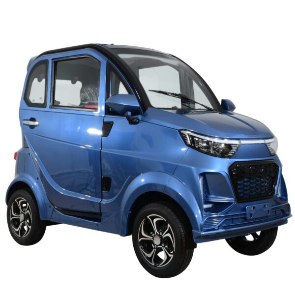 Vibrant blue four-wheeled compact electric vehicle by Green Transporter, showcasing sleek lines and contemporary styling for eco-friendly urban transportation.