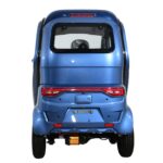 Rear view of a vibrant blue Q Express by Green Transporter, showcasing its compact design with distinctive tail lights and rear window.