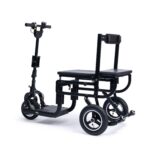 The eFOLDi Lite mobility scooter in its unfolded state, ready for use with a clear display of its comfortable seat, spacious footrest, and sturdy frame.