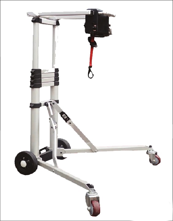 Enhance Mobility Hercules portable lift, a sleek aluminum vertical structure with a winch mechanism on top, large rear wheels, and smaller front caster wheels for stability and maneuverability.