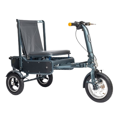 Three quarter view of the eFoldi Explorer, a foldable and lightweight mobility scooter in dark gray with black accents, featuring a comfortable seat and a simple handlebar setup with a single headlight.