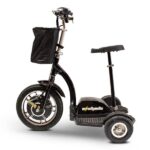 Side view of a black color EWheels EW-18 Stand-n-Ride scooter with a tartan basket attached to the handlebar, black comfortable seat