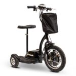 EWheels EW-18 Stand-n-Ride scooter in Black Color, featuring a black seat and handlebar with a plaid basket, a sleek three-wheel design, and chrome accents.