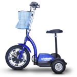 A blue EWheels EW-18 Stand-n-Ride electric scooter, showcasing a front-facing plaid basket, a sturdy black seat, and chunky tires